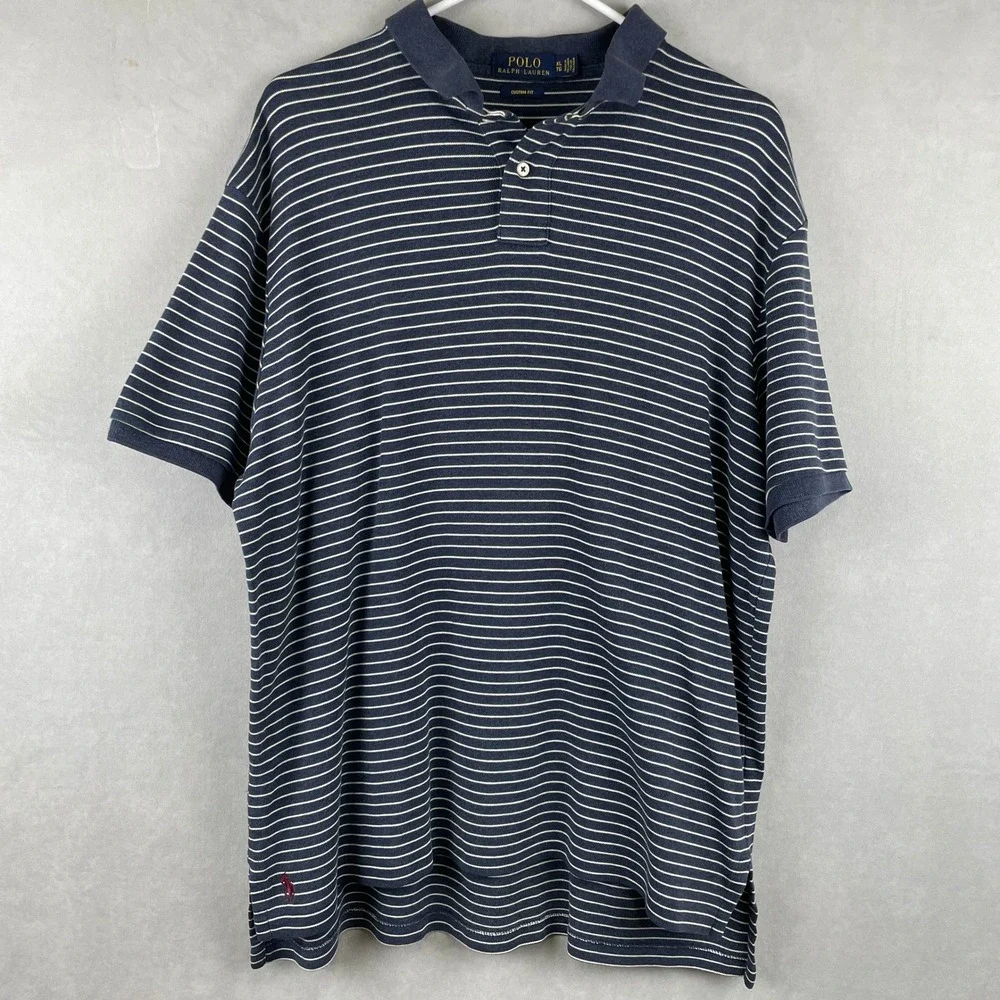 Polo Ralph Lauren Mens XL Custom Fit Striped Preppy Polo Shirt Blue Green Cotton